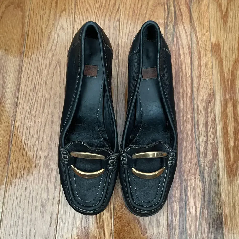 Goffredo Fantini Leather Pumps Black Contrast Stitch Brass Hardware EU 39 US 9